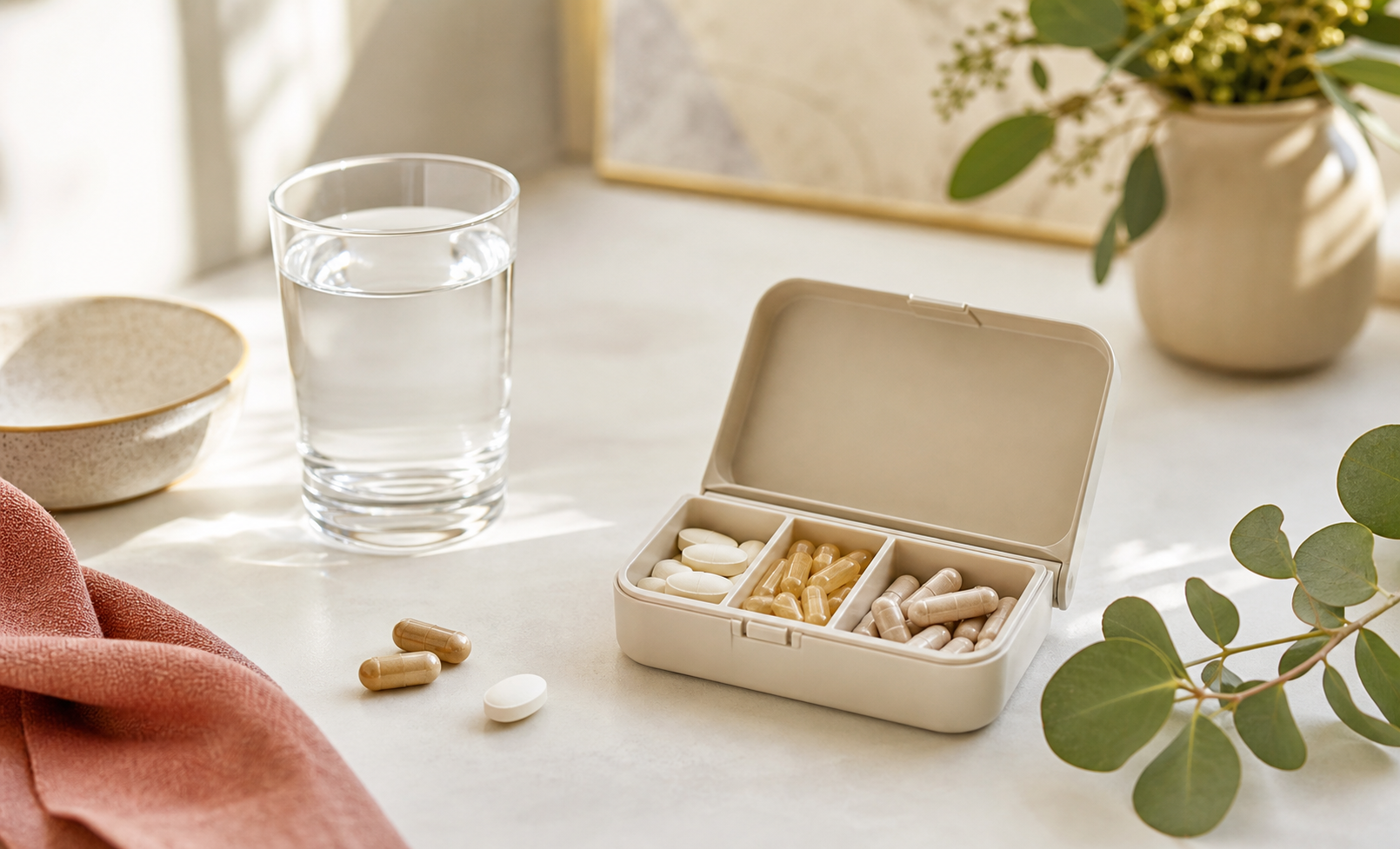 Organizador de vitaminas y vaso de agua
