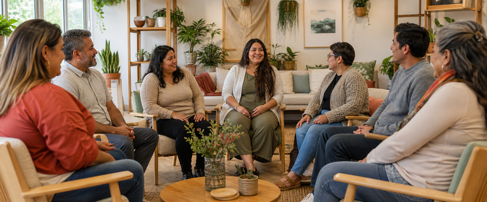 Grupo de personas conversando en un círculo de apoyo