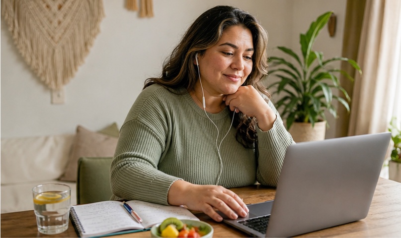 Mujer en una orientación online con computador y cuaderno de notas