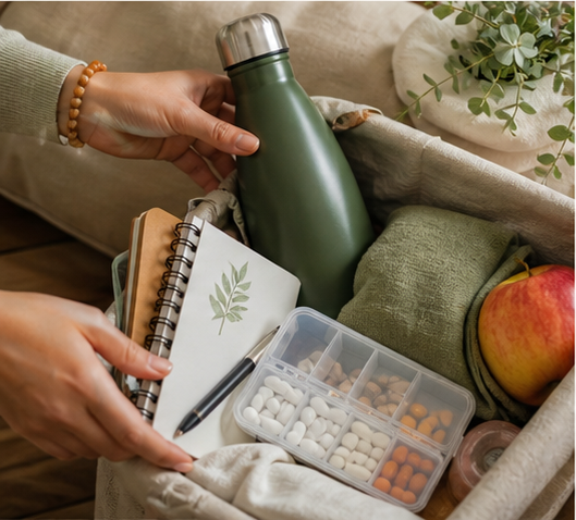Kit de autocuidado con botella, cuaderno, fruta y organizador de suplementos